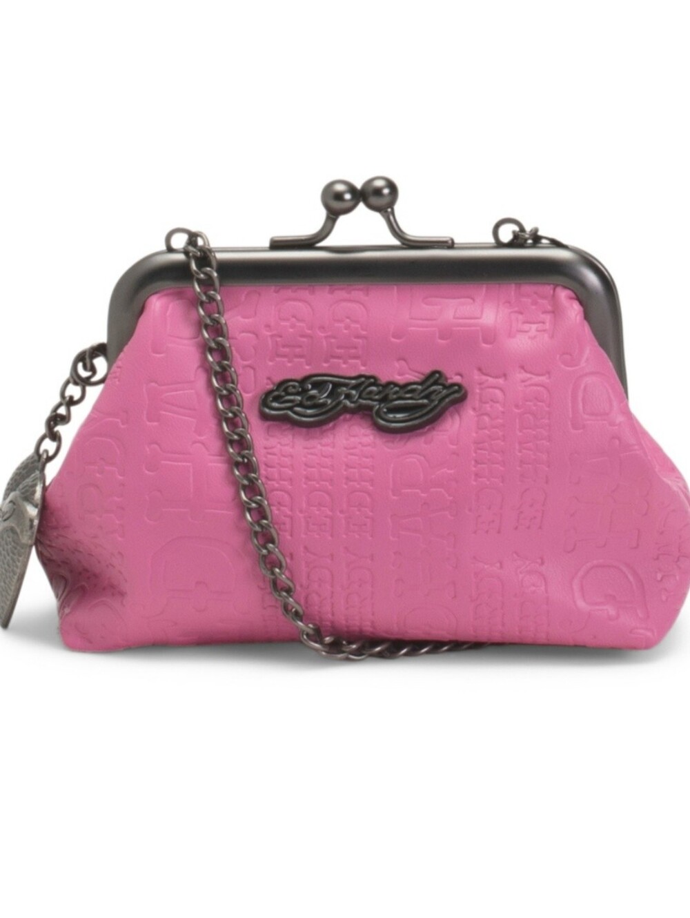 Ed Hardy Pink Embossed Kiss-Lock Coin Crossbody Bag Purse NWT Heart Charm